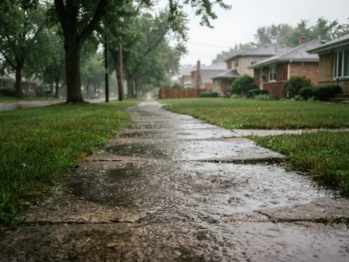 Rain falling on a suburban sidewalk and lawn