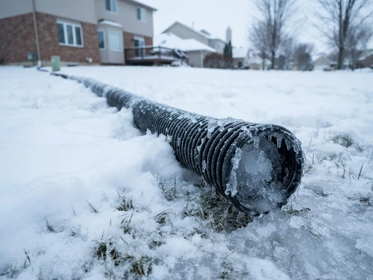 A frozen sump discharge hose lying across a snowy lawn