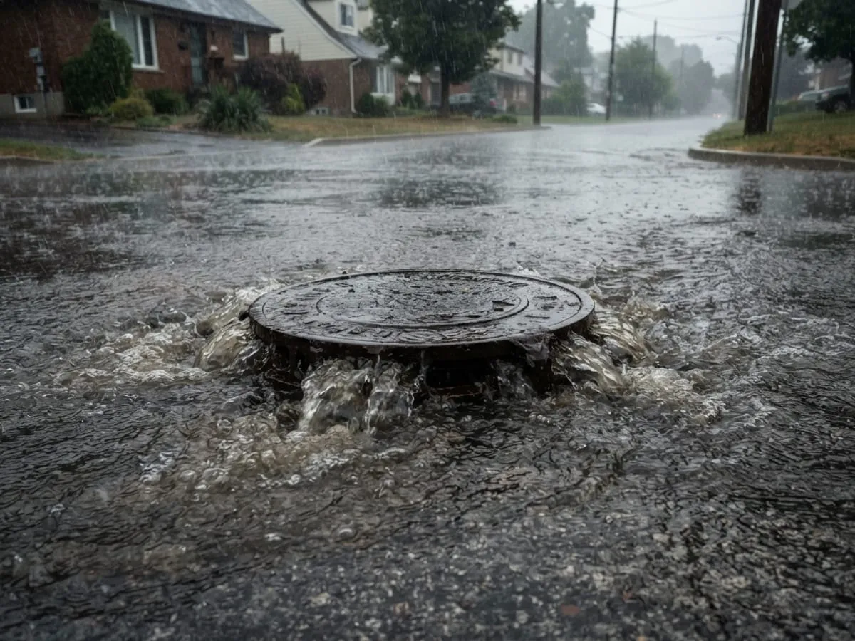 Water bubbling up around a manhole cover on a residential street in heavy rain