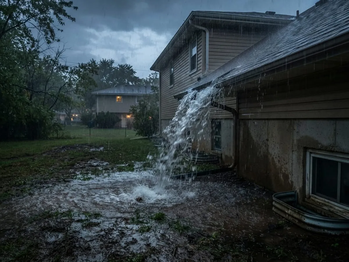 Rain pouring off a roof onto a backyard that is starting to pond near the house