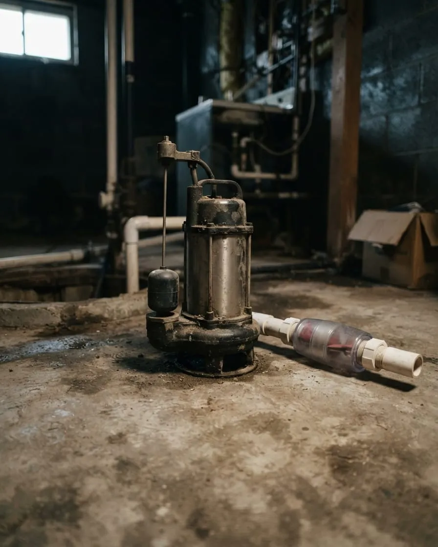 A submersible sump pump beside a clear check valve and a length of PVC pipe on a basement floor