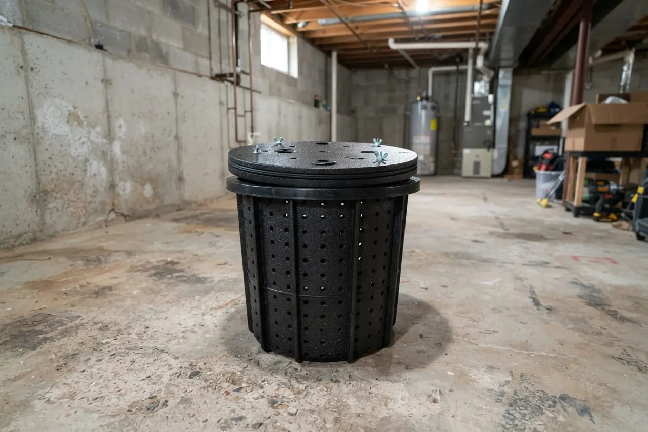 A new perforated sump basin and its lid on a basement floor before it goes in