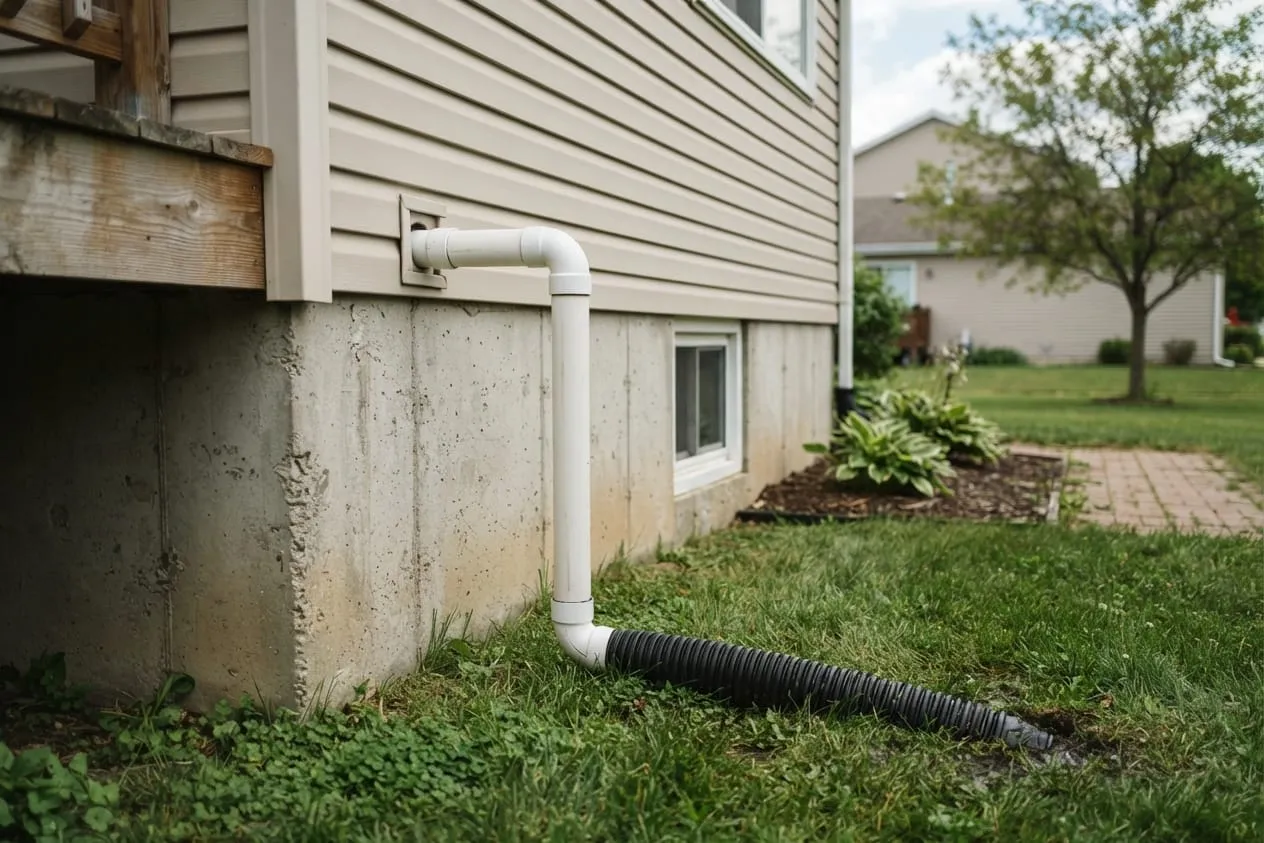 A white discharge pipe running down the outside wall into a black corrugated line on the lawn