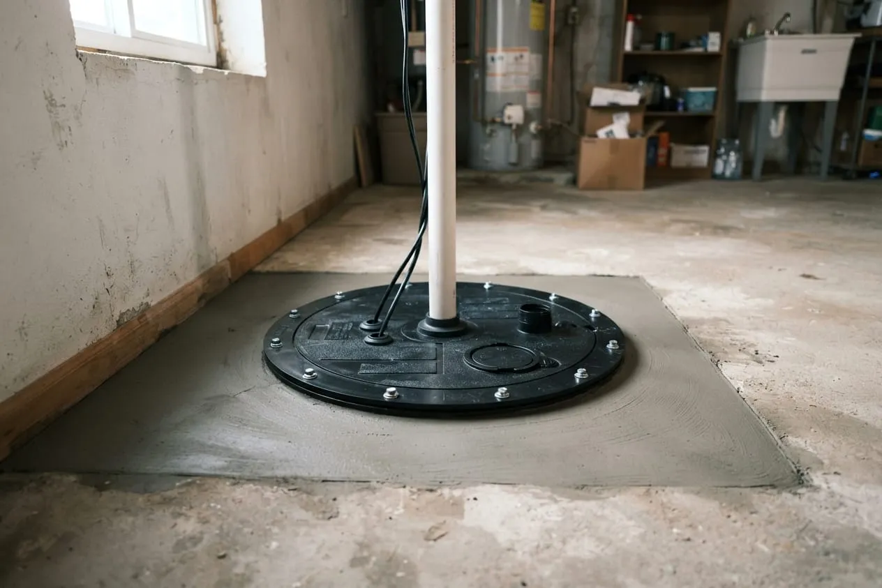 A finished sump pit with a sealed lid and the floor patched smooth around it