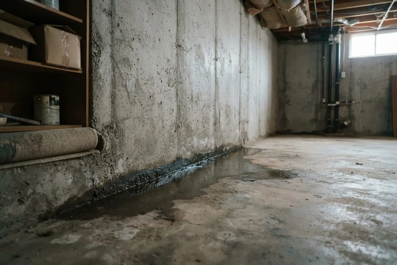 Water seeping along the joint where a basement wall meets the floor