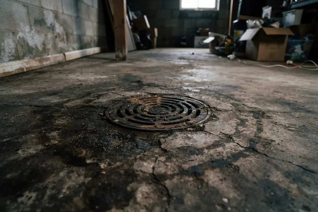 An old cast-iron floor drain in a cracked basement floor