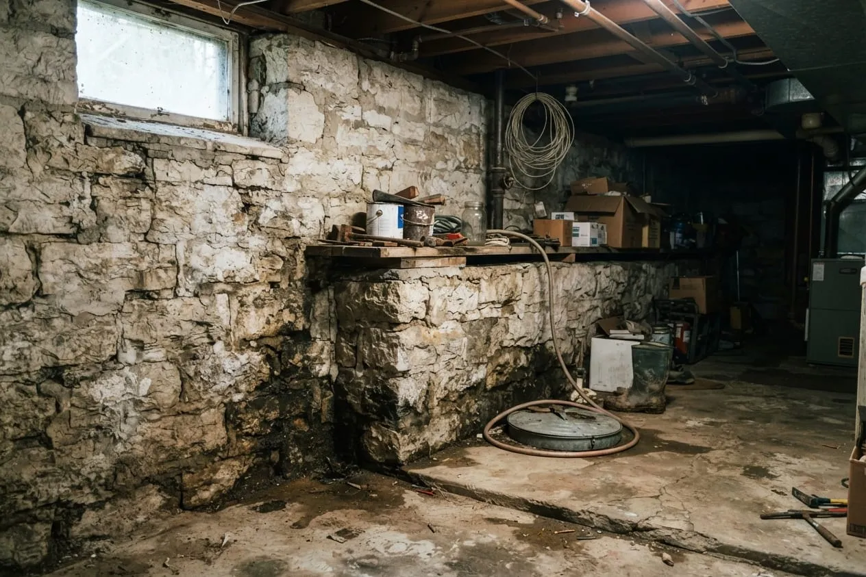 An old basement with limestone foundation walls and damp spots on the stone