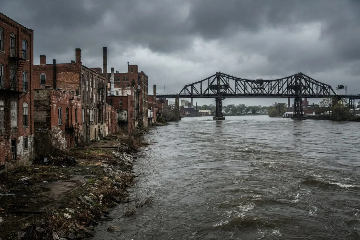 A river running high past old brick buildings on a gray day