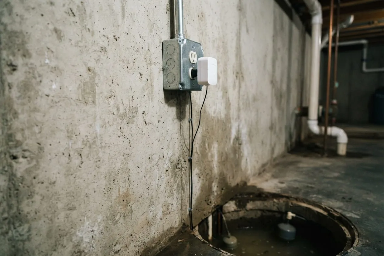 A plug-in high-water alarm with its sensor cord hanging into a sump pit