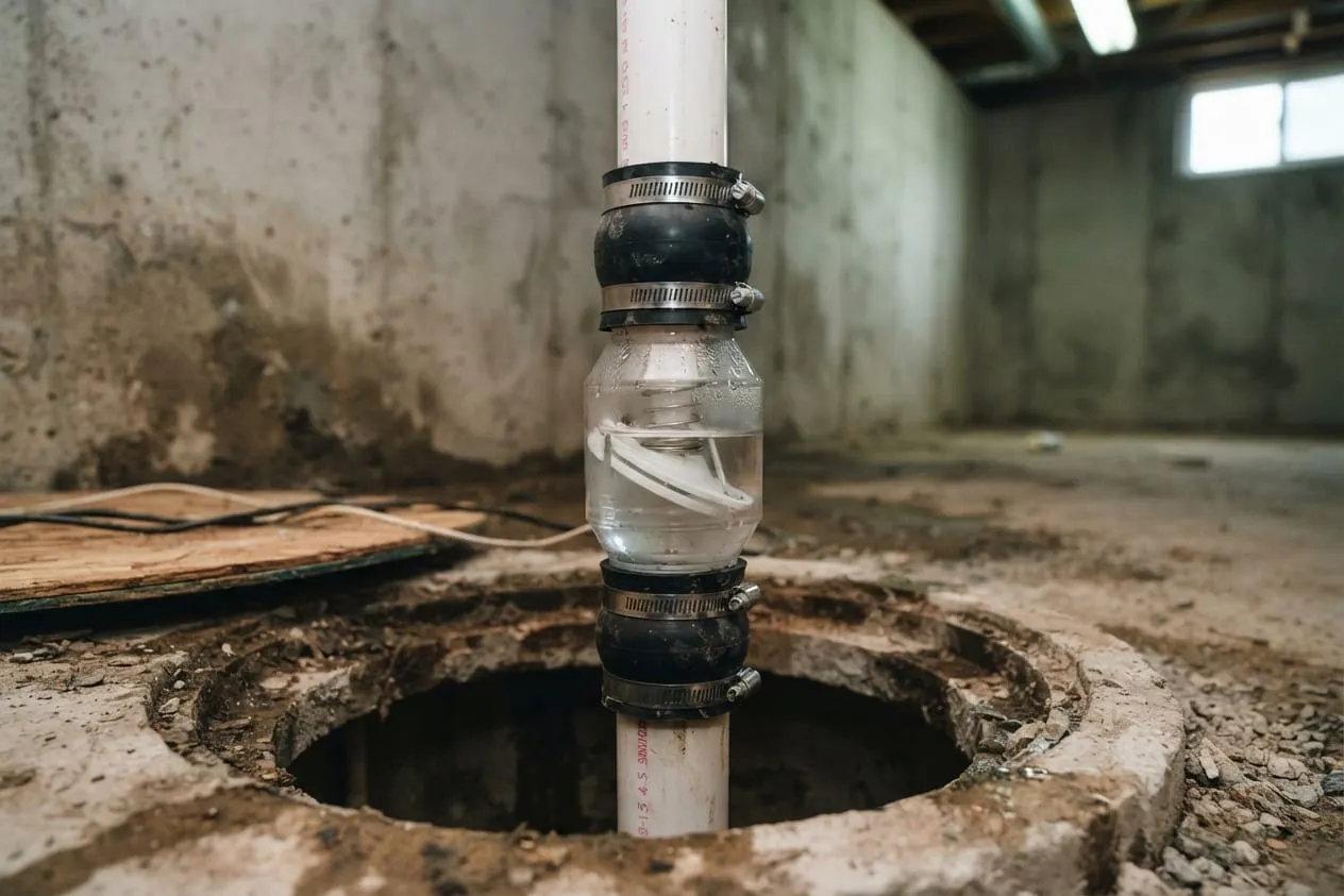 A clear check valve on a white PVC discharge pipe just above a sump pit