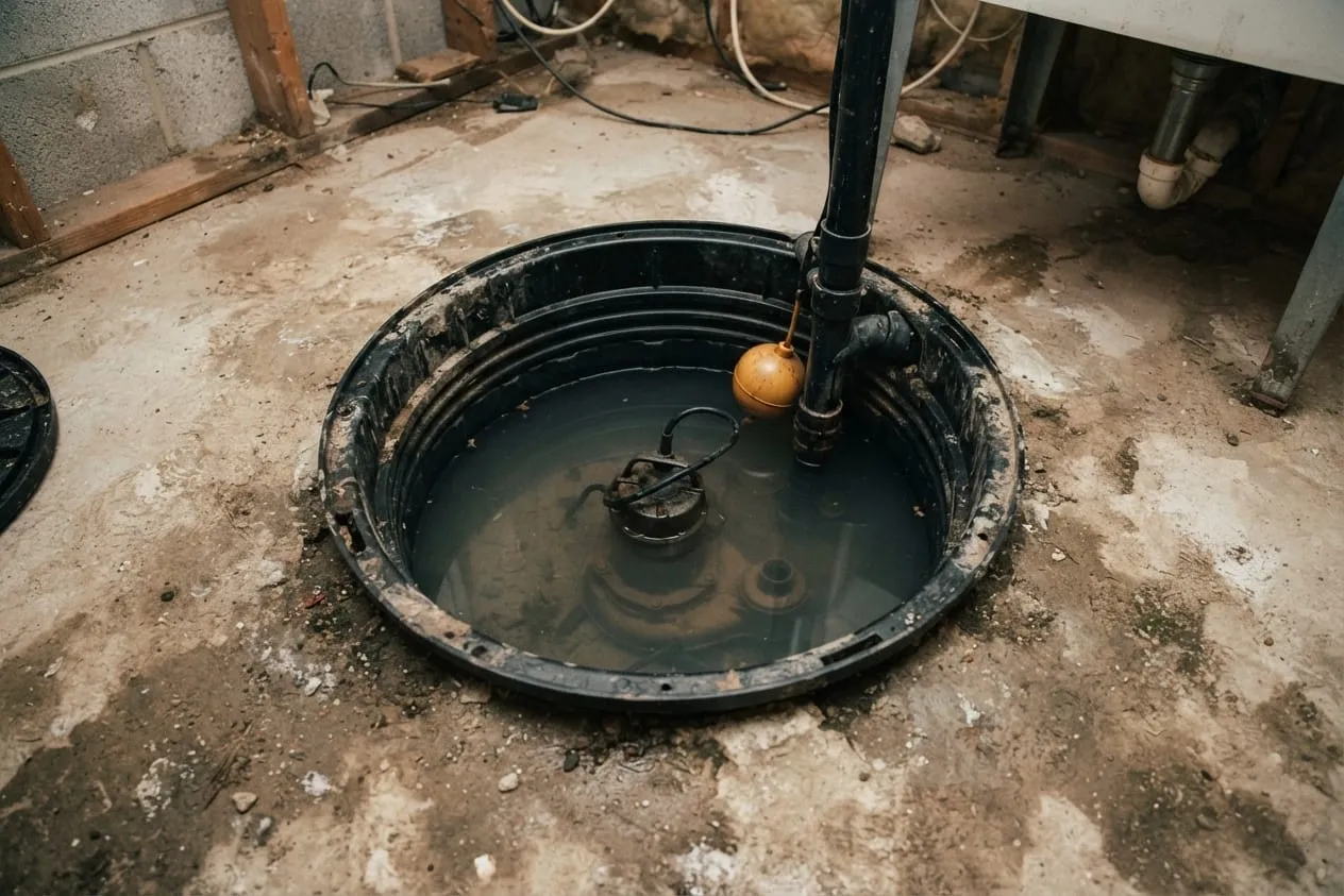 A ball float hanging beside the discharge pipe in a sump pit with high water