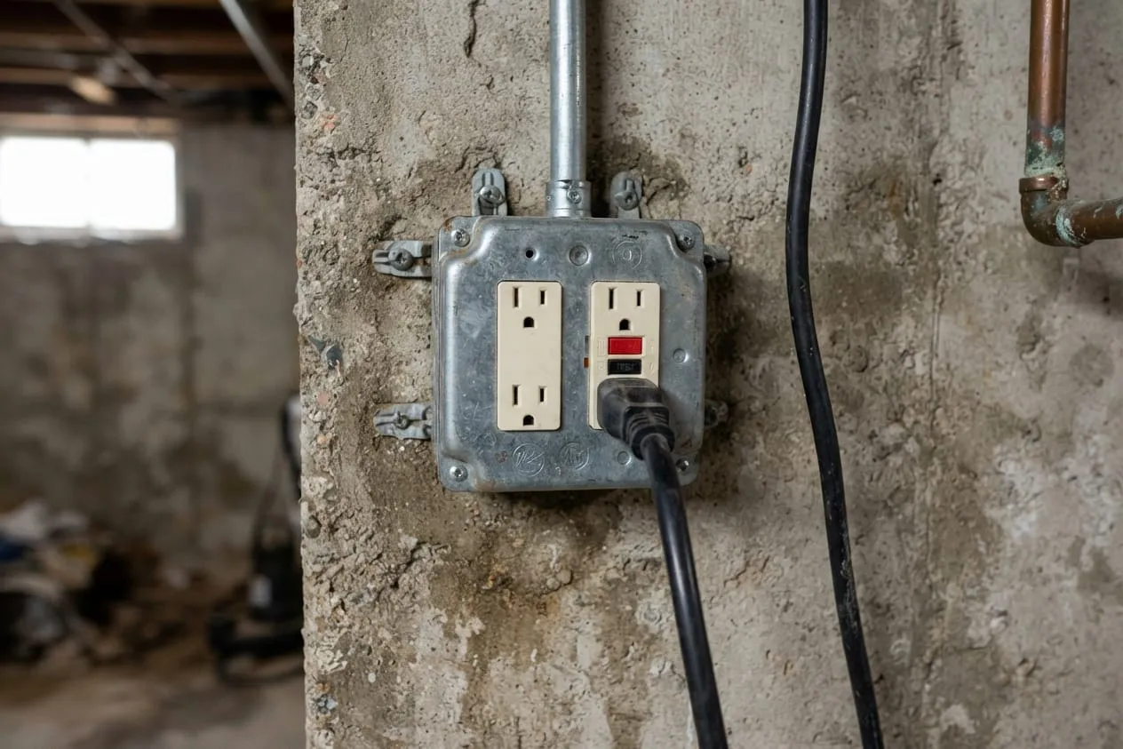 A sump pump cord plugged into a GFCI outlet on a basement wall