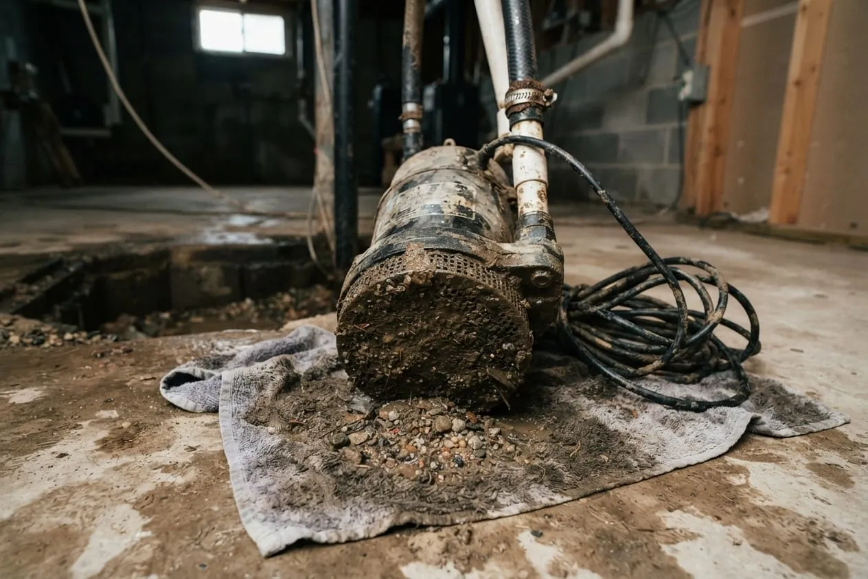 A sump pump lifted out of its pit with silt and gravel packed into the intake screen