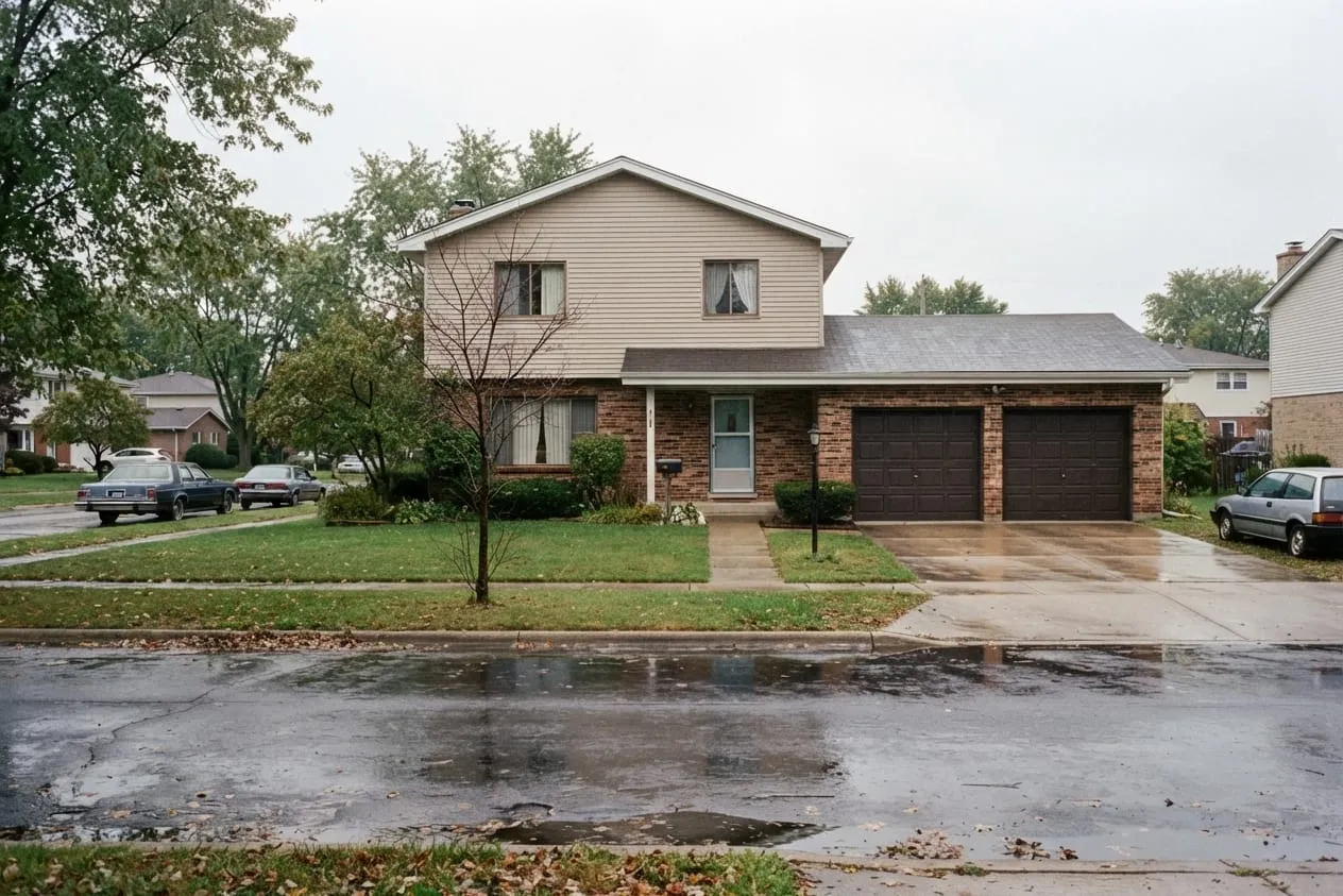 A 1980s brick two-story house with a two-car garage on a wet street