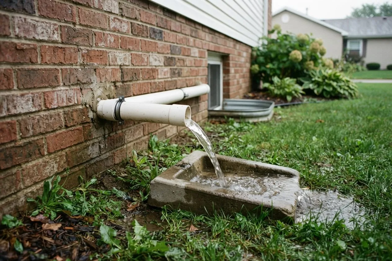 A sump discharge pipe from a brick house emptying onto a splash block