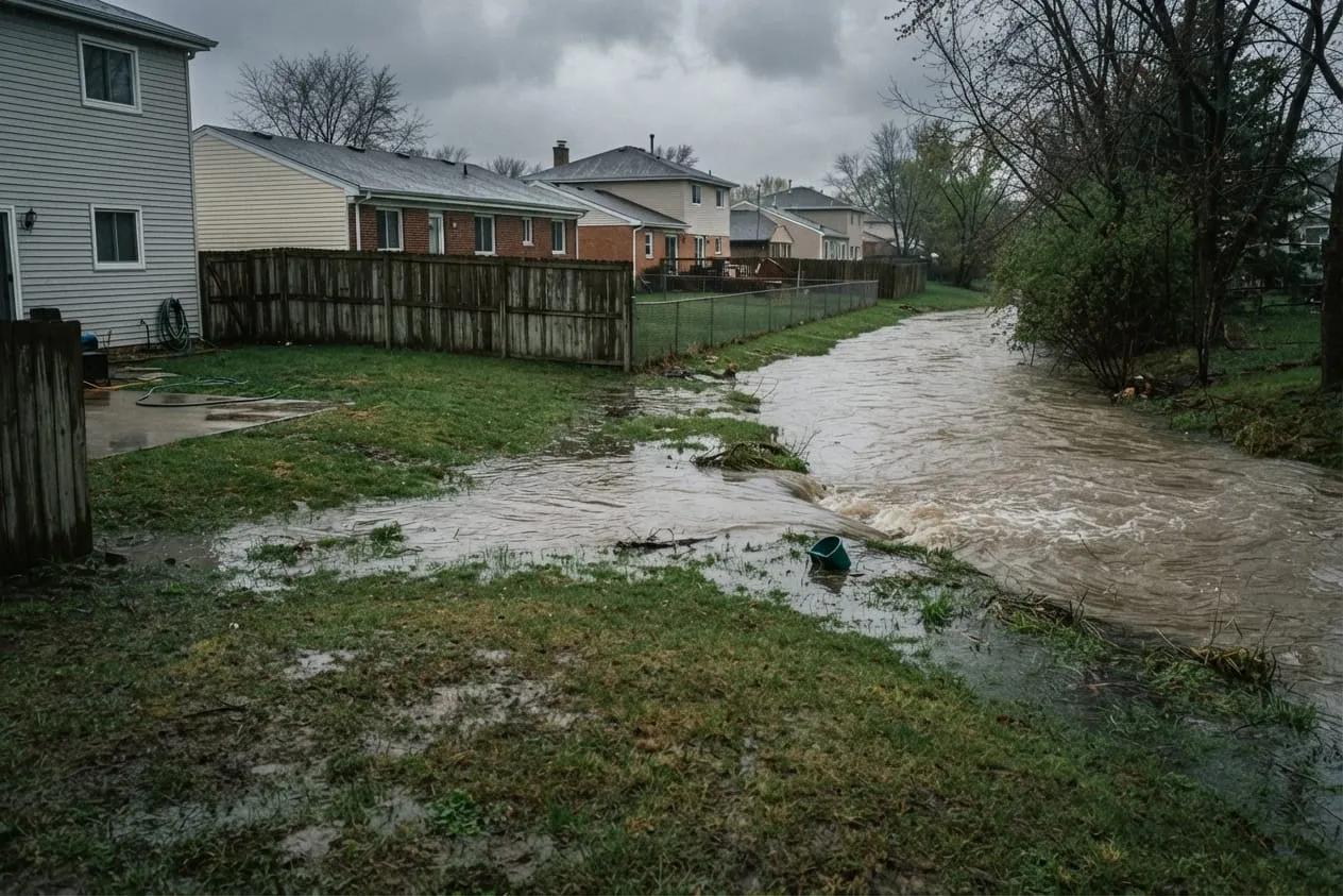 Backyards sloping down to a creek with water spilling into the lowest yards