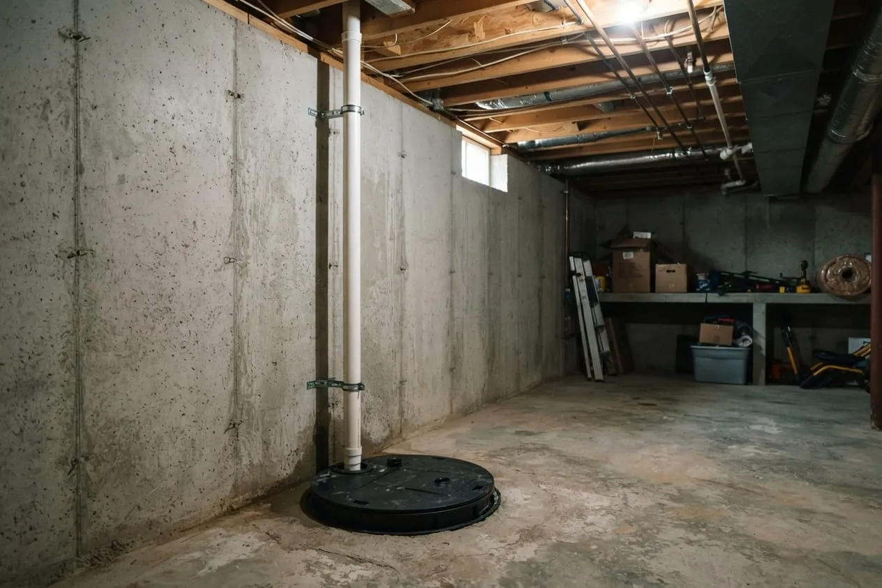 An unfinished basement with a lidded sump pit in the corner