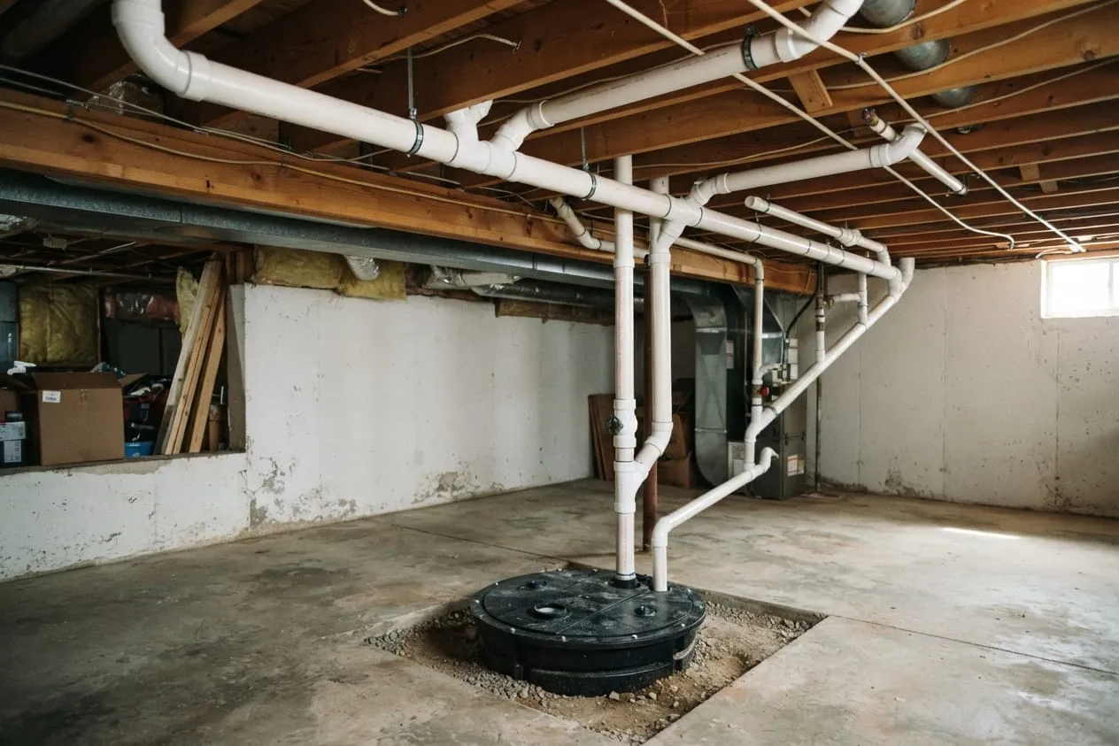 Drain pipes hung along the joists near a basement ceiling