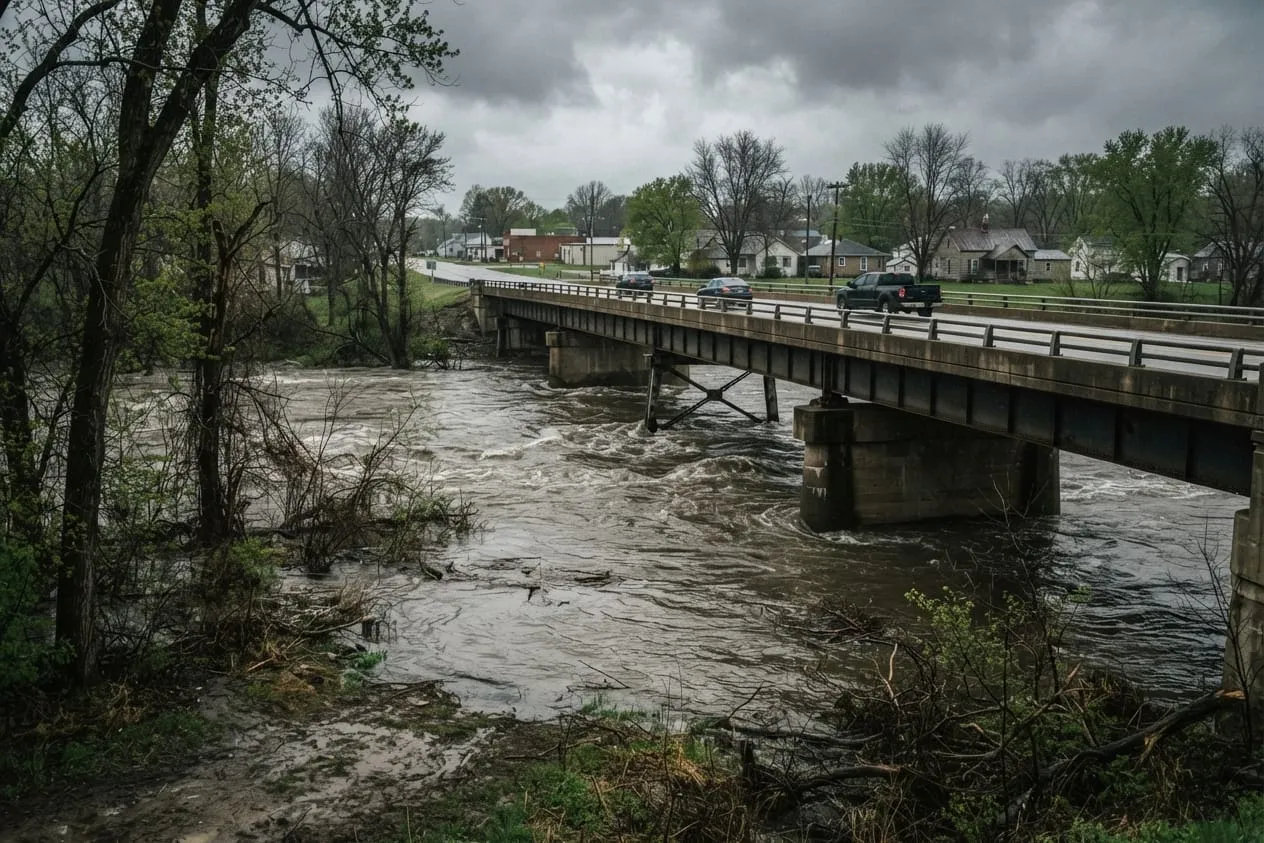A river with high brown water passing under a road bridge