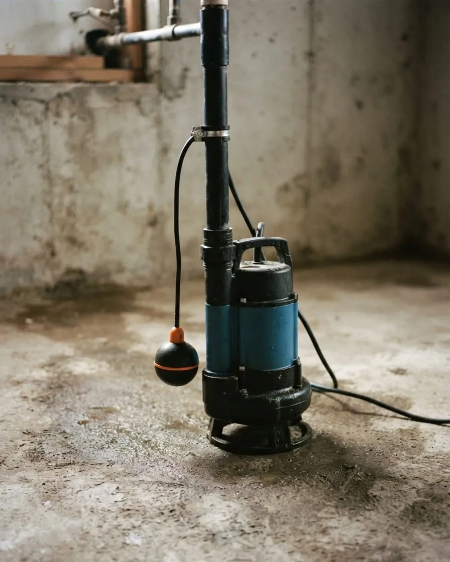 A sump pump with a tethered ball float on a cord