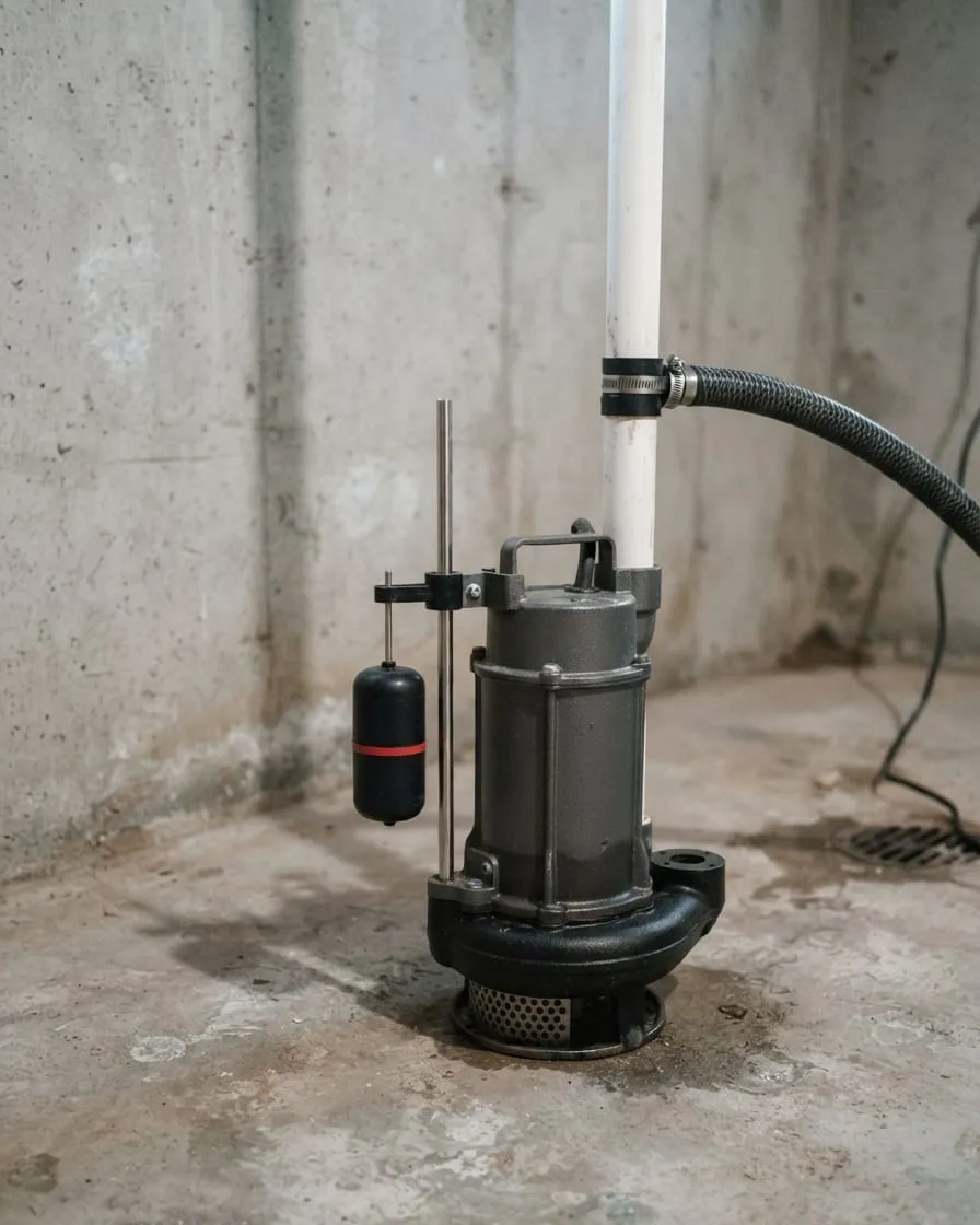 A sump pump with a vertical float switch on a rod