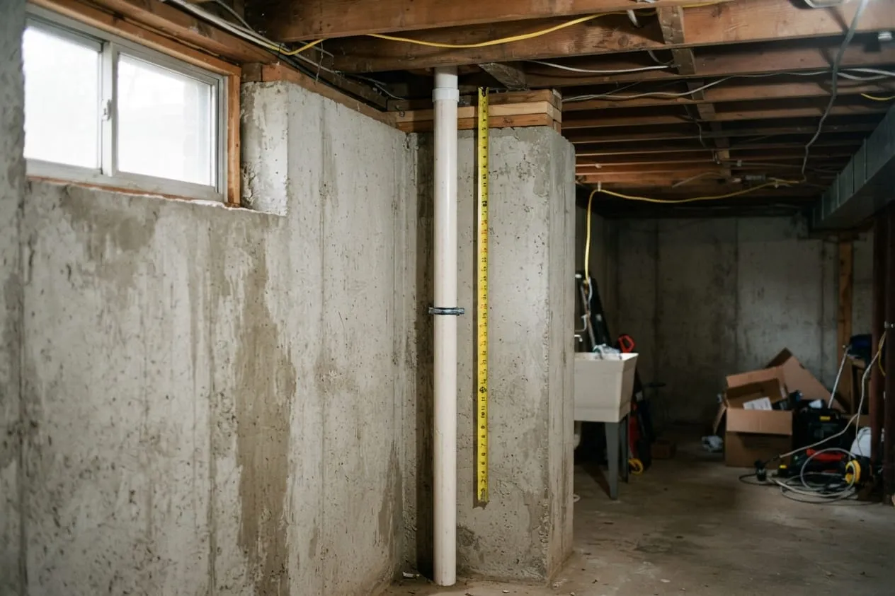 A tape measure along a discharge pipe from the sump pit up to the rim joist