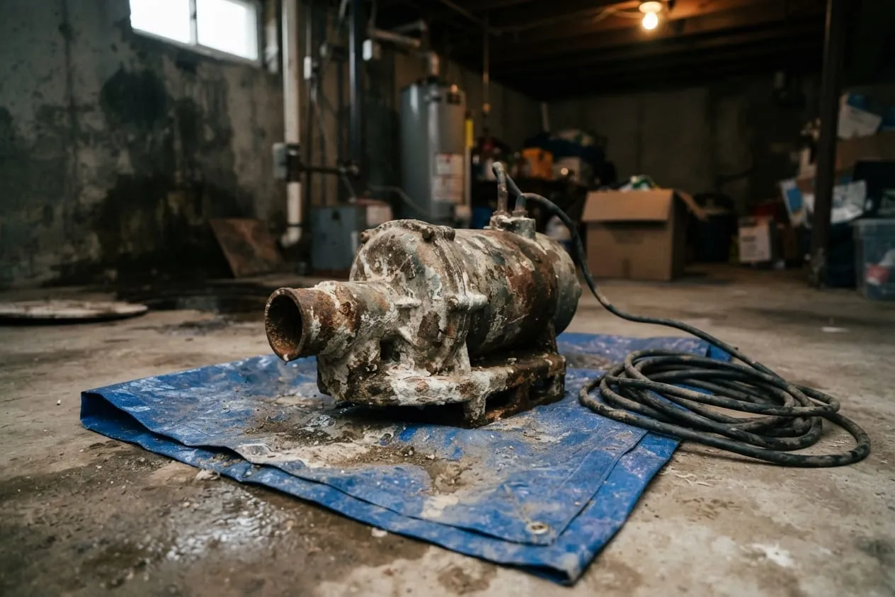 A worn sump pump on a tarp, its housing rusted and caked with mineral scale