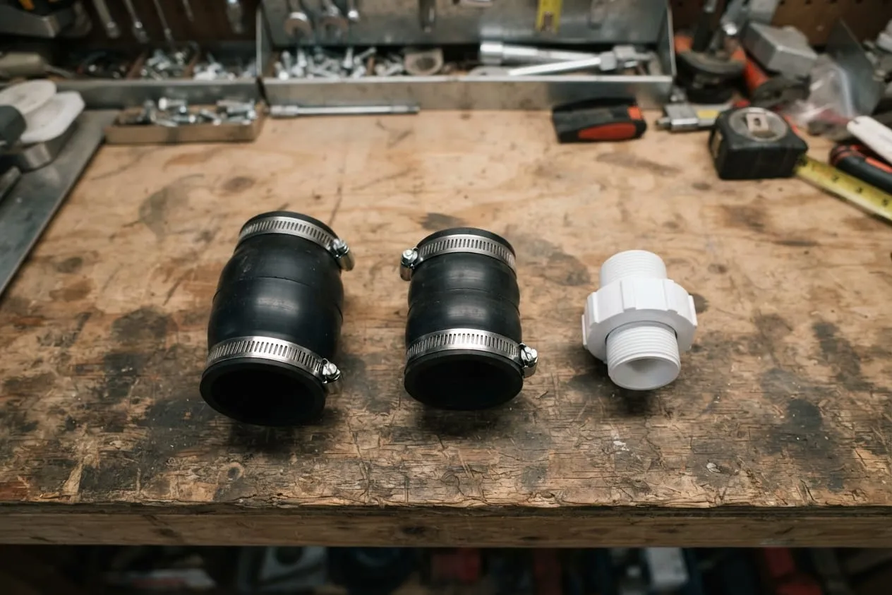 Rubber couplings with steel hose clamps and a PVC union on a workbench