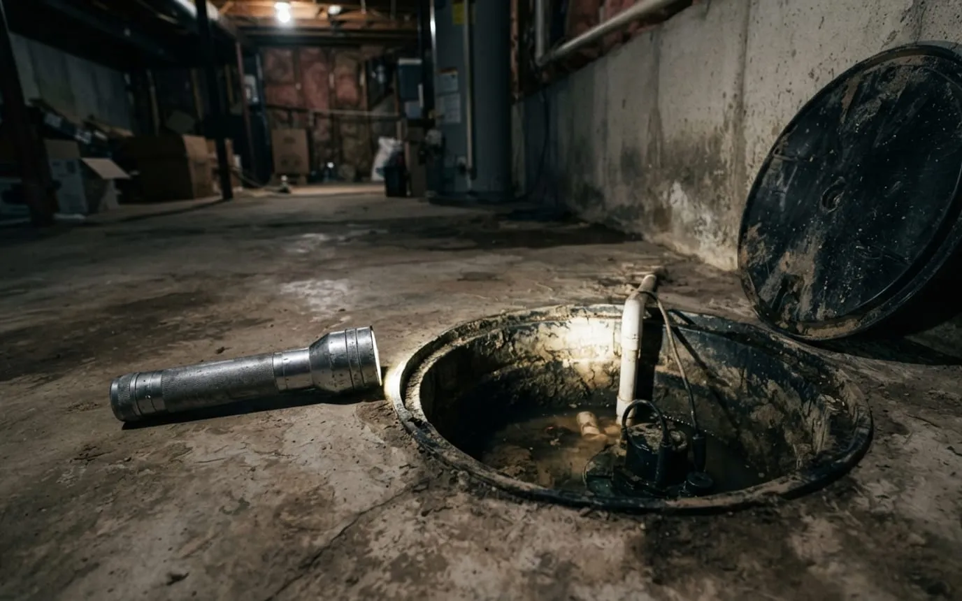 A flashlight on the floor shining into an open sump pit
