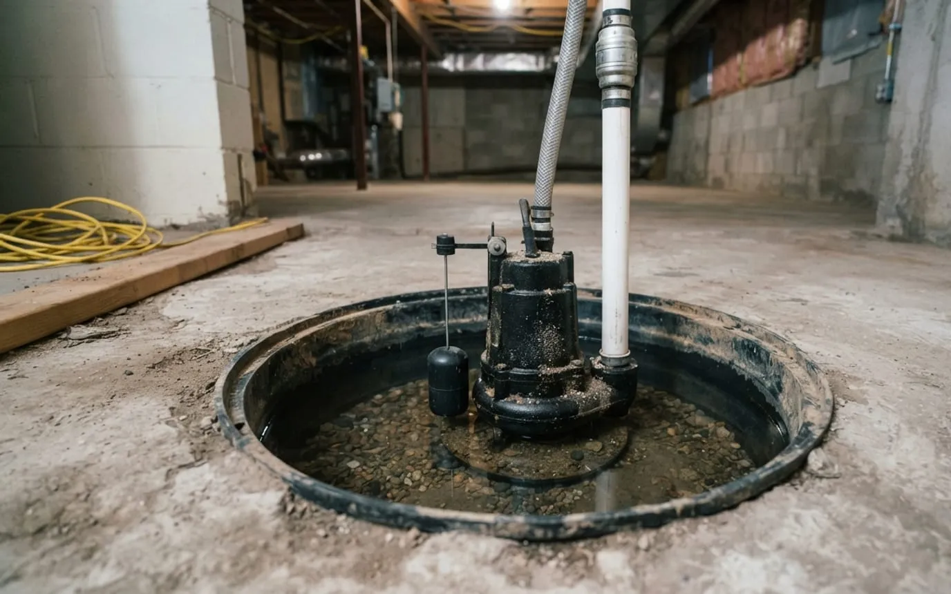 A sump pump with a vertical float switch sitting in a clean pit