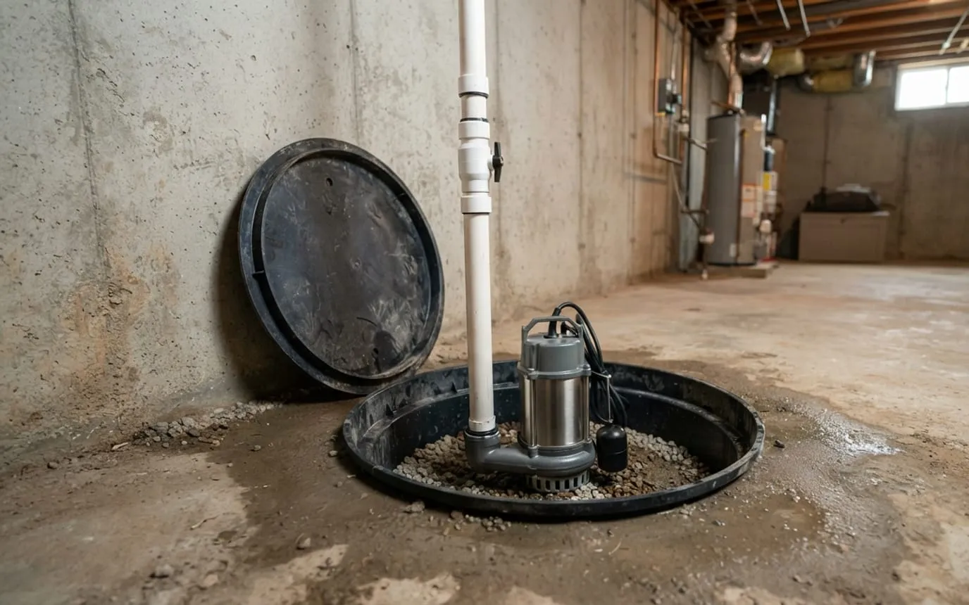 A new sump pump set in a freshly cleaned pit before the lid goes on