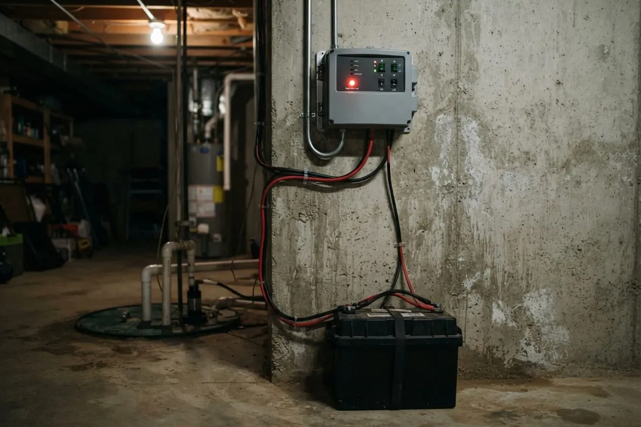 A backup sump pump controller on a basement wall with a red warning light on