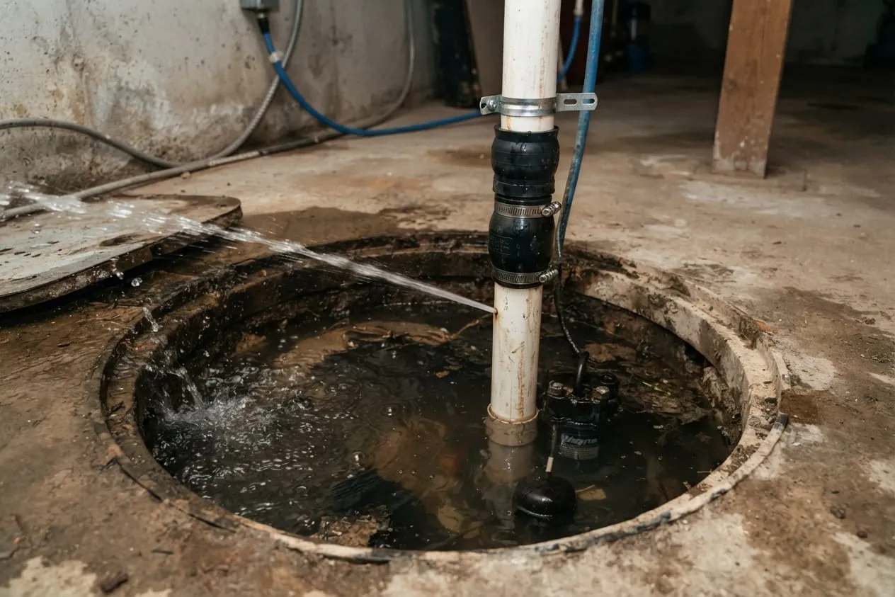 A thin jet of water spraying from a small hole in a sump discharge pipe