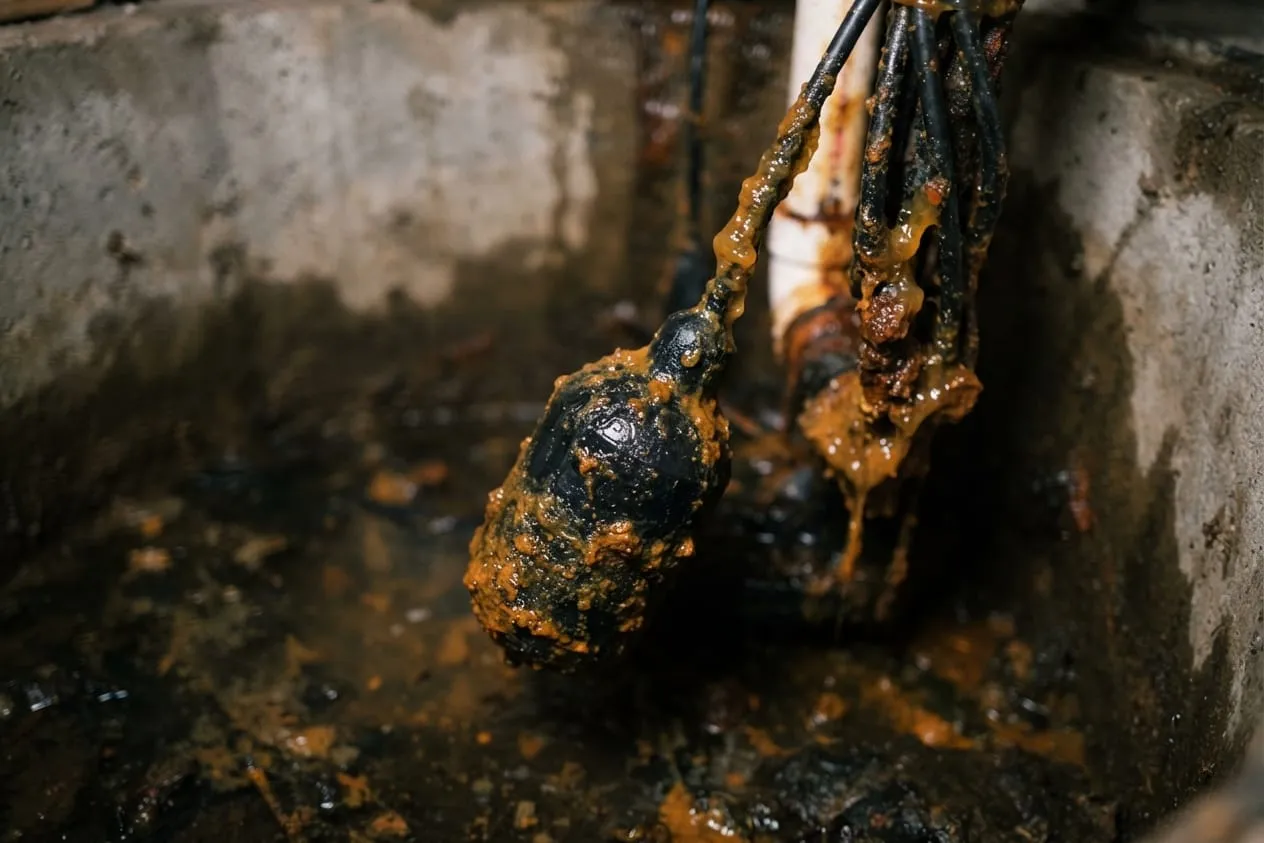 A sump pump float coated in orange iron slime and scale